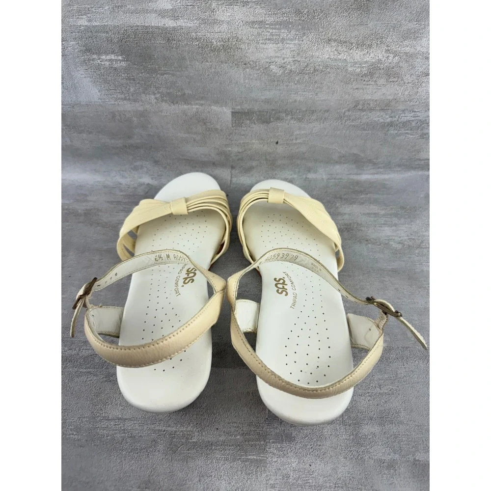SAS Tripad Comfort Women Sz 6.5 M Cream Leather Wedge Sandals USA Bow Detail